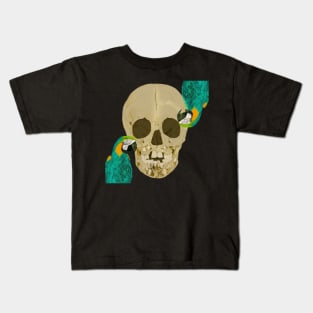 Adolescent skull with exposed teeth and macaws - Watercolor illustration Kids T-Shirt